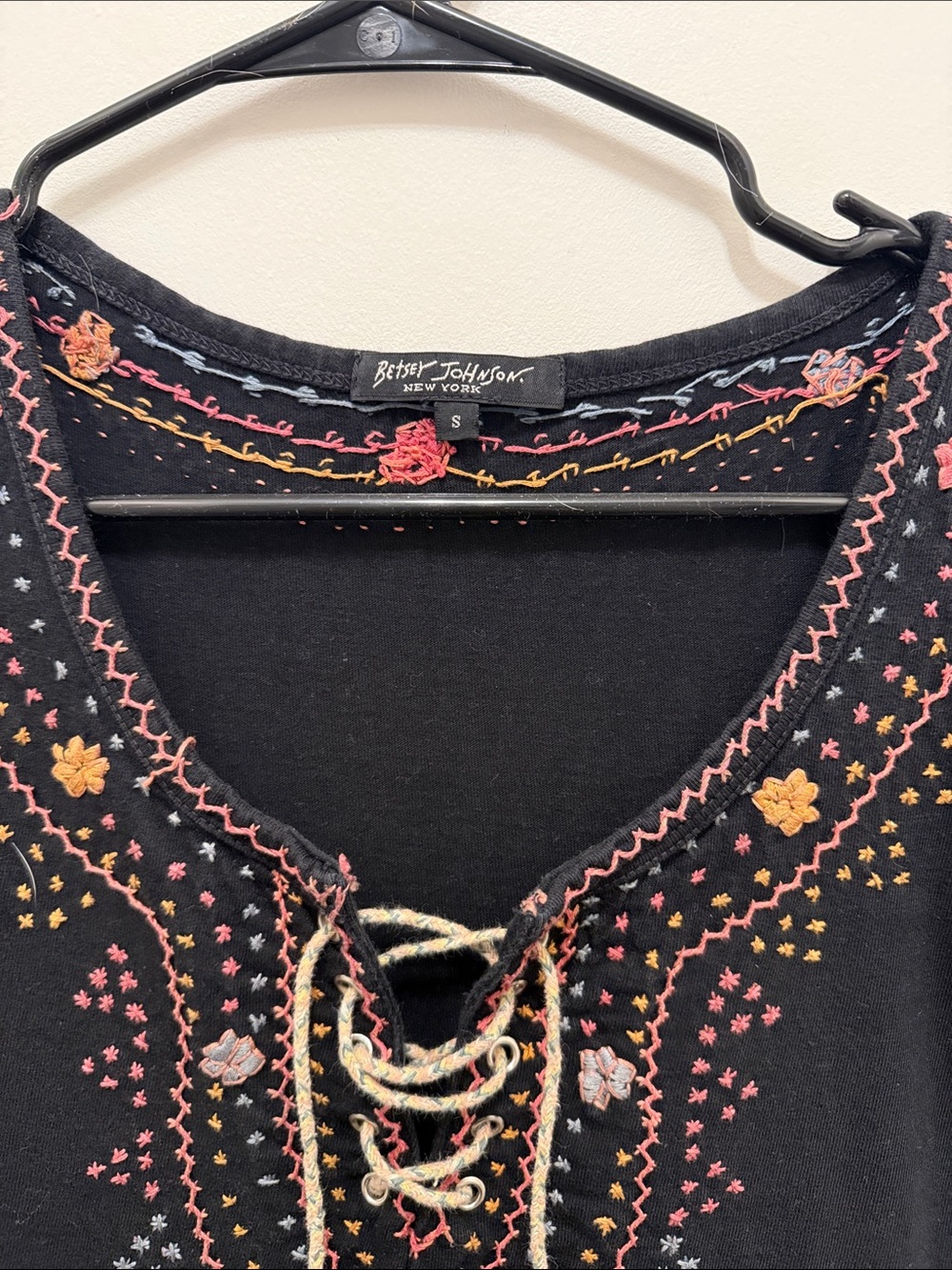 Vintage Betsey Johnson New York Embroidered Lace Up Mini Dress Black Floral - Picture 2 of 3